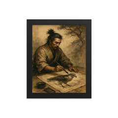 Miyamoto Musashi painting a hawk in solitude framed print on a plain backdrop in size 8"x10".