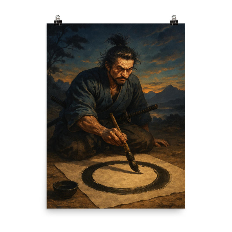 Miyamoto Musashi painting ensō before dawn duel poster on a plain backdrop in size 8