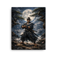 Miyamoto Musashi under moonlit ganryu duel pines canvas print on a plain backdrop in size 16"x20".