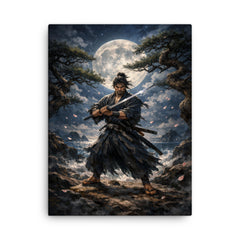 Miyamoto Musashi under moonlit ganryu duel pines canvas print on a plain backdrop in size 18"x24".