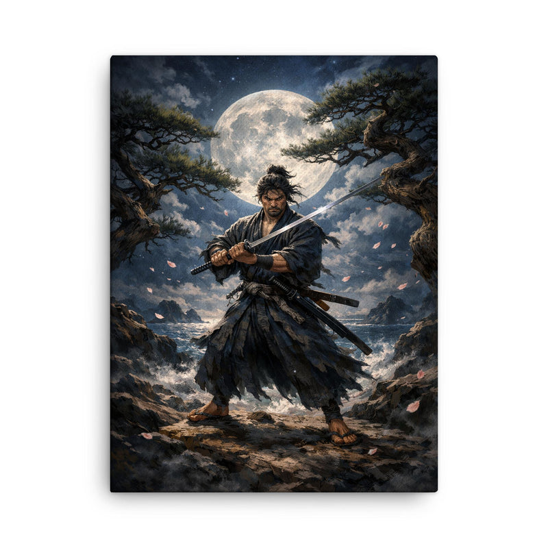 Miyamoto Musashi under moonlit ganryu duel pines canvas print on a plain backdrop in size 18