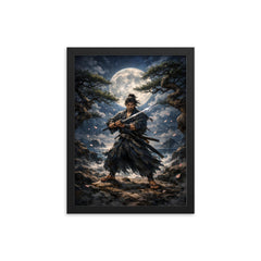 Miyamoto Musashi under moonlit ganryu duel pines framed print on a plain backdrop in size 12"x16".