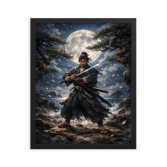 Miyamoto Musashi under moonlit ganryu duel pines framed print on a plain backdrop in size 16"x20".