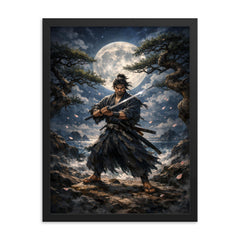 Miyamoto Musashi under moonlit ganryu duel pines framed print on a plain backdrop in size 18"x24".
