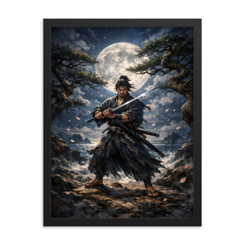 Miyamoto Musashi under moonlit ganryu duel pines framed print on a plain backdrop in size 18