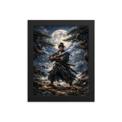 Miyamoto Musashi under moonlit ganryu duel pines framed print on a plain backdrop in size 8"x10".