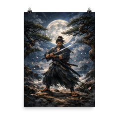 Miyamoto Musashi under moonlit ganryu duel pines poster on a plain backdrop in size 8"x10".