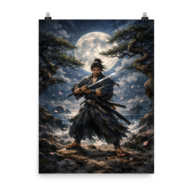 Miyamoto Musashi under moonlit ganryu duel pines poster on a plain backdrop in size 8
