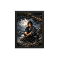 Miyamoto Musashi under moonlit pine with bokken framed print on a plain backdrop in size 12"x16".