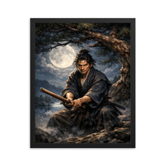 Miyamoto Musashi under moonlit pine with bokken framed print on a plain backdrop in size 16"x20".