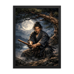 Miyamoto Musashi under moonlit pine with bokken framed print on a plain backdrop in size 18"x24".
