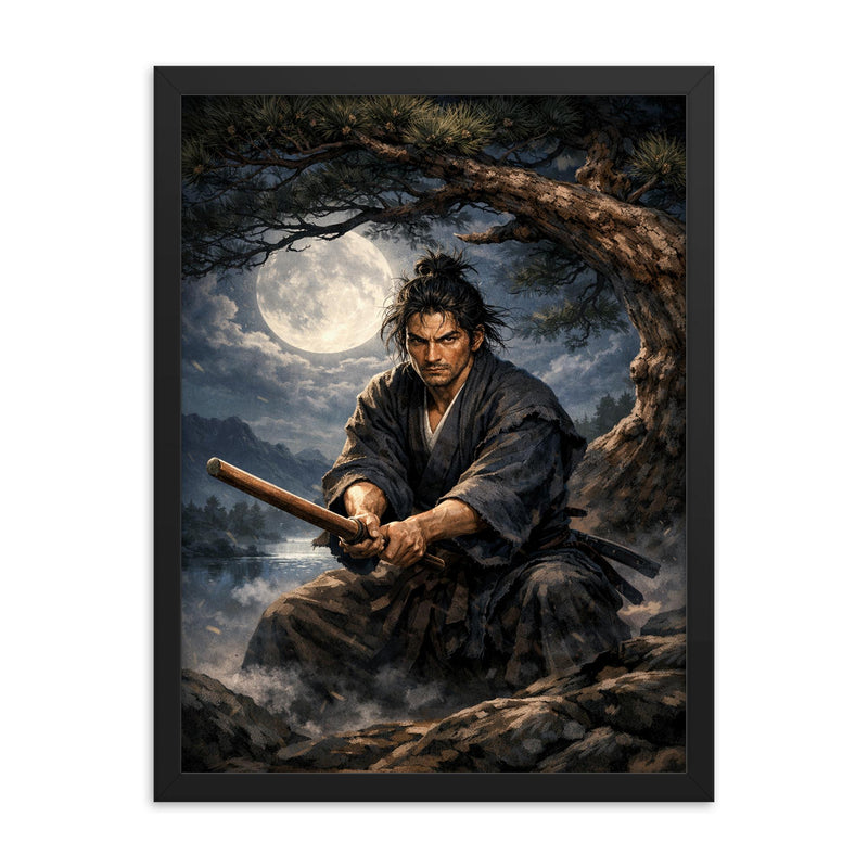Miyamoto Musashi under moonlit pine with bokken framed print on a plain backdrop in size 18