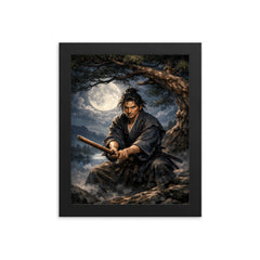 Miyamoto Musashi under moonlit pine with bokken framed print on a plain backdrop in size 8"x10".