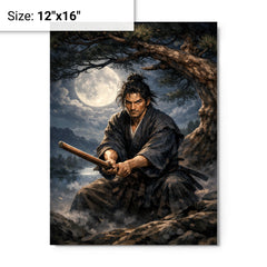 Miyamoto Musashi under moonlit pine with bokken metal print on a plain backdrop in size 12"x16".