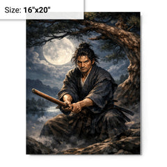 Miyamoto Musashi under moonlit pine with bokken metal print on a plain backdrop in size 16"x20".