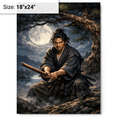 Miyamoto Musashi under moonlit pine with bokken metal print on a plain backdrop in size 18"x24".