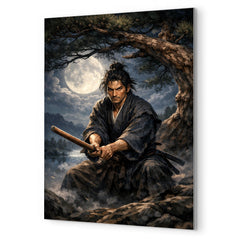Miyamoto Musashi under moonlit pine with bokken metal print mockup