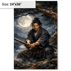 Miyamoto Musashi under moonlit pine with bokken metal print on a plain backdrop in size 24"x36".