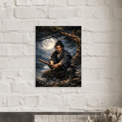 Miyamoto Musashi under moonlit pine with bokken metal print mockup