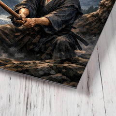 Miyamoto Musashi under moonlit pine with bokken metal print mockup
