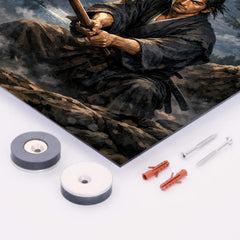 Miyamoto Musashi under moonlit pine with bokken metal print mockup