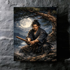 Miyamoto Musashi under moonlit pine with bokken metal print mockup