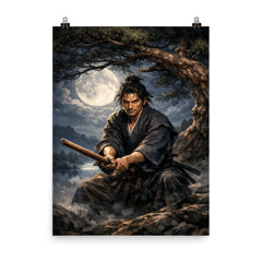 Miyamoto Musashi under moonlit pine with bokken poster on a plain backdrop in size 8"x10".