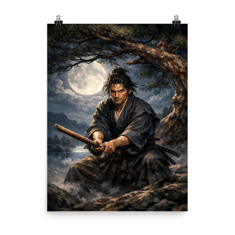 Miyamoto Musashi under moonlit pine with bokken poster on a plain backdrop in size 8