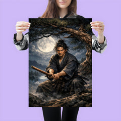 Miyamoto Musashi under moonlit pine with bokken poster 3
