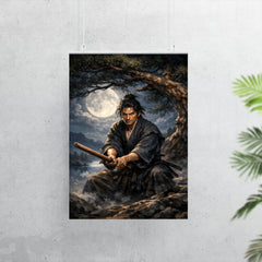 Miyamoto Musashi under moonlit pine with bokken poster 7