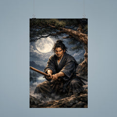 Miyamoto Musashi under moonlit pine with bokken poster 9