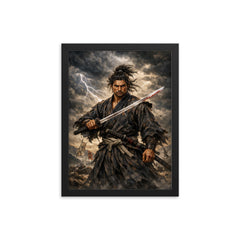 Miyamoto Musashi under storm clouds framed print on a plain backdrop in size 12"x16".