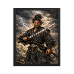Miyamoto Musashi under storm clouds framed print on a plain backdrop in size 16"x20".
