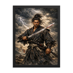 Miyamoto Musashi under storm clouds framed print on a plain backdrop in size 18"x24".
