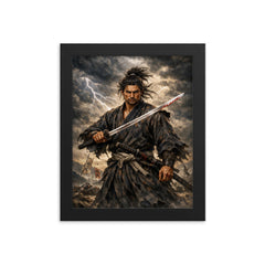 Miyamoto Musashi under storm clouds framed print on a plain backdrop in size 8"x10".
