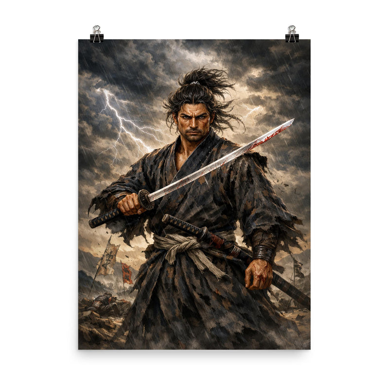 Miyamoto Musashi under storm clouds poster on a plain backdrop in size 8