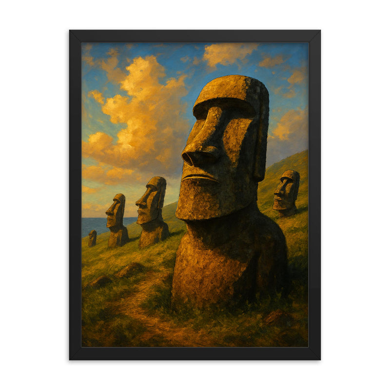 Moai statues of Easter Island framed print on a plain backdrop in size 18