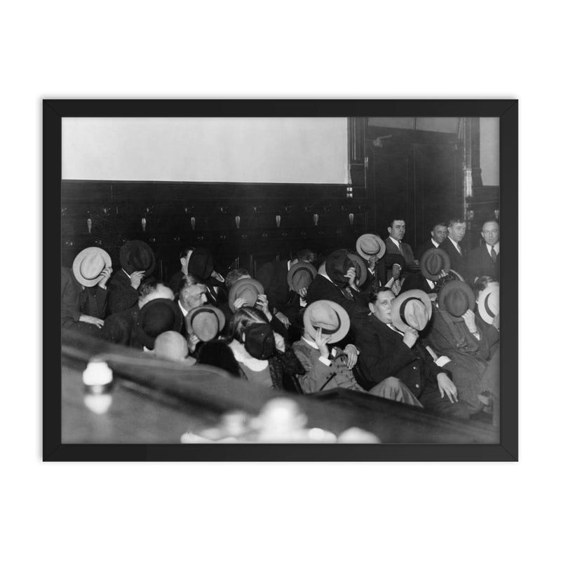 Mobsters Hiding Their Faces at Al Capone's Trial, 1931 framed print on a plain backdrop in size 18