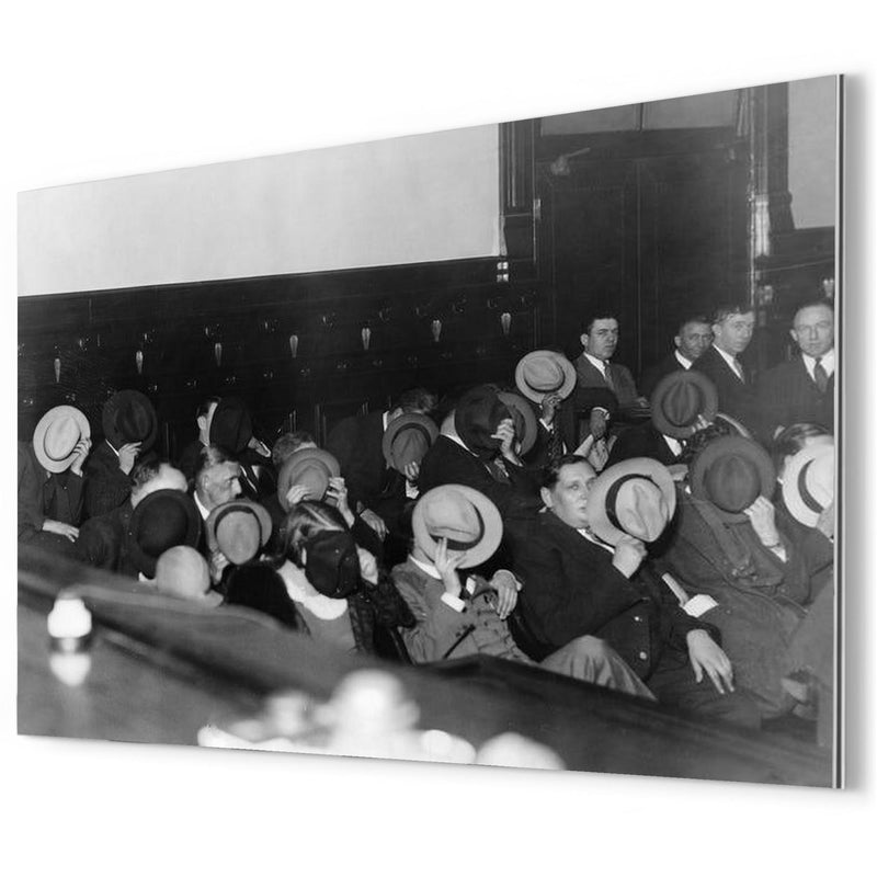 Mobsters Hiding Their Faces at Al Capone's Trial, 1931 metal print mockup