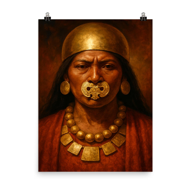 Moche priestess portrait with gold nose ornament poster on a plain backdrop in size 8