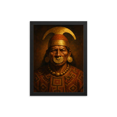 Moche warrior priest portrait with gold nose ornament framed print on a plain backdrop in size 12"x16".
