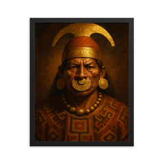 Moche warrior priest portrait with gold nose ornament framed print on a plain backdrop in size 16"x20".