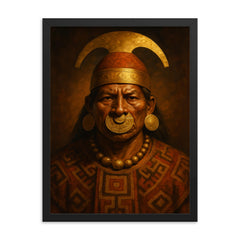 Moche warrior priest portrait with gold nose ornament framed print on a plain backdrop in size 18"x24".