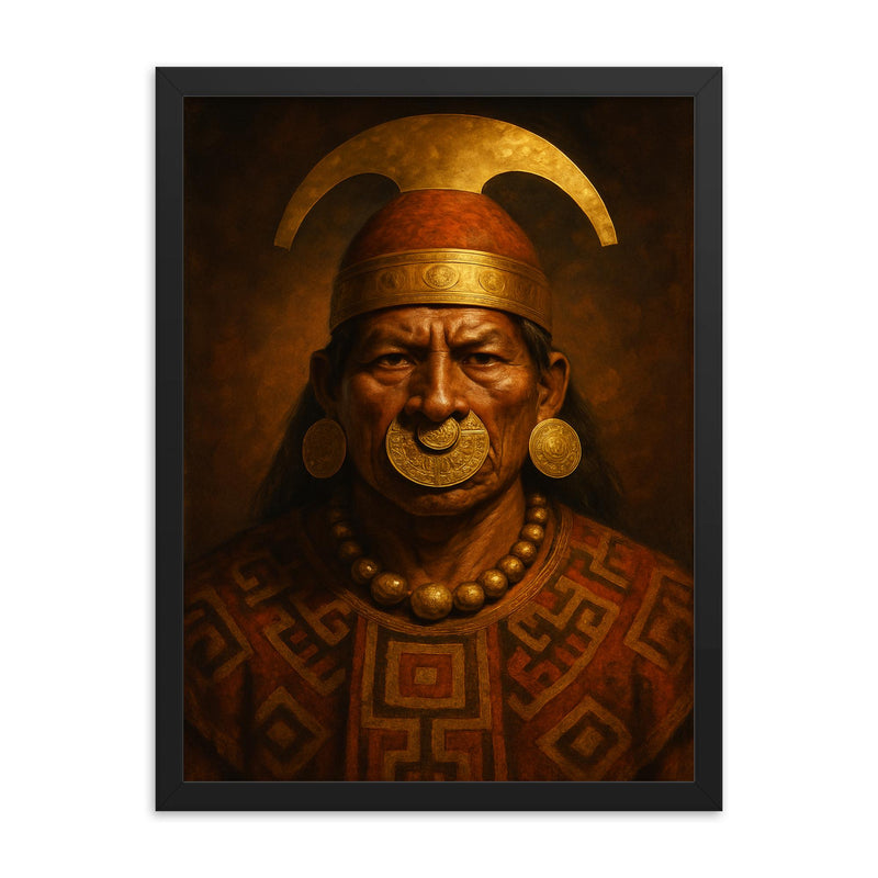 Moche warrior priest portrait with gold nose ornament framed print on a plain backdrop in size 18