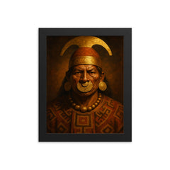 Moche warrior priest portrait with gold nose ornament framed print on a plain backdrop in size 8"x10".