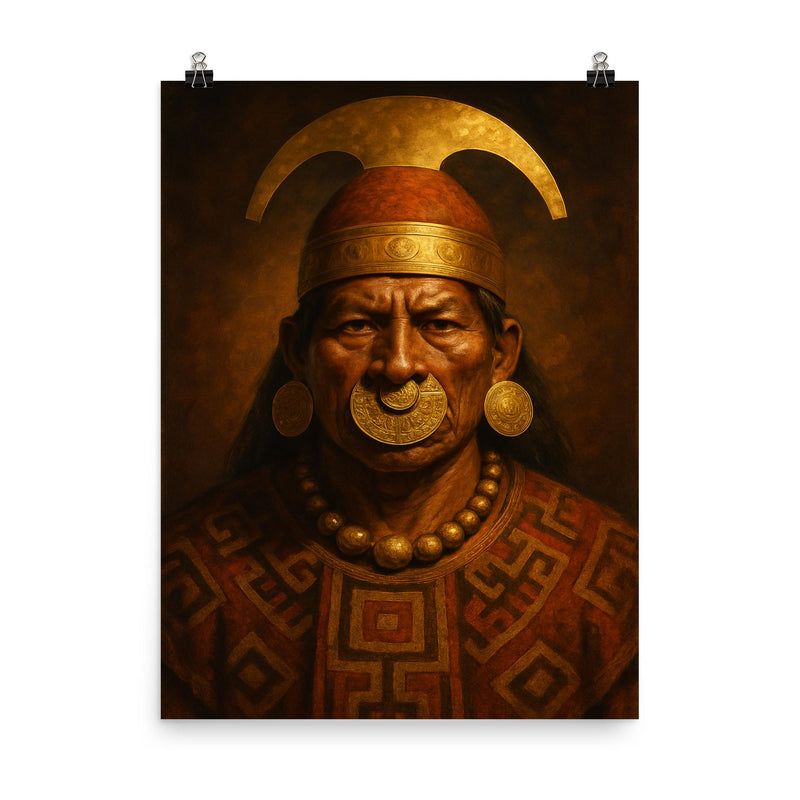 Moche warrior priest portrait with gold nose ornament poster on a plain backdrop in size 8