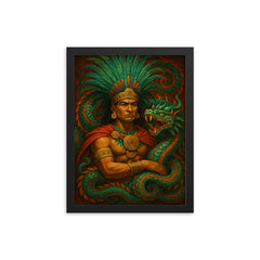Moctezuma amid feathered serpent regalia framed print on a plain backdrop in size 12"x16".