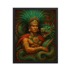 Moctezuma amid feathered serpent regalia framed print on a plain backdrop in size 16"x20".