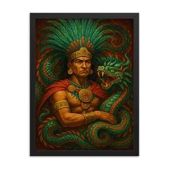 Moctezuma amid feathered serpent regalia framed print on a plain backdrop in size 18"x24".
