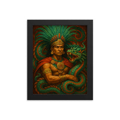 Moctezuma amid feathered serpent regalia framed print on a plain backdrop in size 8"x10".